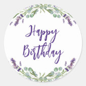 ラベンダーバイオレット花模様ユーカリハッピーバースデー ラウンドシール (正面)