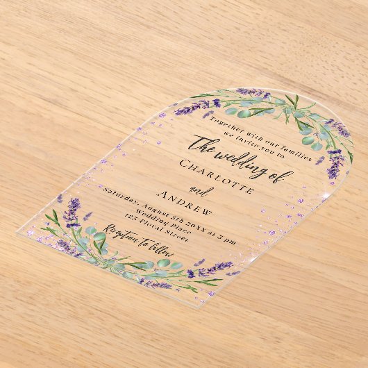ラベンダーバイオレット花模様ユーカリ結婚アルチ アクリル招待状 (レイダウン)