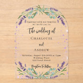 ラベンダーバイオレット花模様ユーカリ結婚アルチ アクリル招待状 (正面)