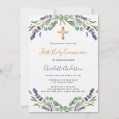 ラベンダーバイオレット花模様ラグジュアリーファースト・コミュニオン 招待状 (正面)