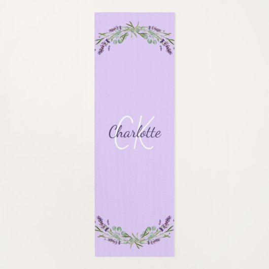 ラベンダーバイオレット花模様名モノグラムイニシャル ヨガマット (正面)
