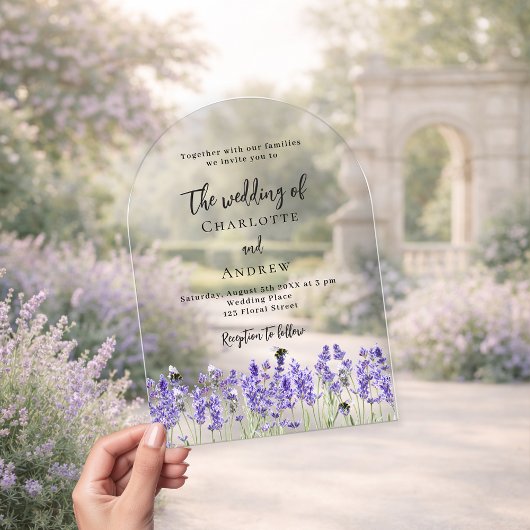 ラベンダーバイオレット花模様澄ん結婚アーチ アクリル招待状