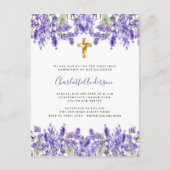 ラベンダーバイオレット花模様金ゴールドクロス第1聖餐式 インビテーションポストカード (正面)