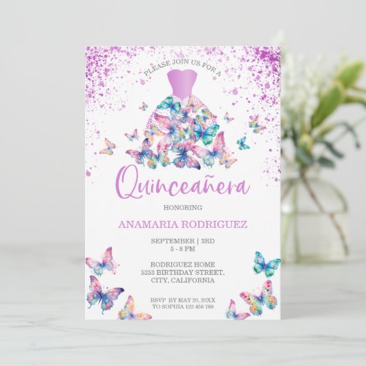 ラベンダーバタフライガウン赤面フローラキンセアニェラ 招待状 (スタンド正面)