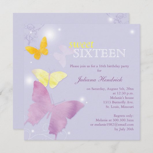 ラベンダーバタフライスウィート16バースデーパーティー 招待状 (正面/裏面)