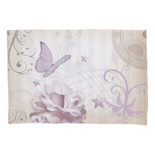 ラベンダーバタフライミュージックスタッフ&クロックヴィンテージ 枕カバー (正面)