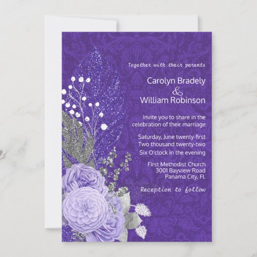 ラベンダーバラオンパープルダマスクウェディング 招待状 (正面)