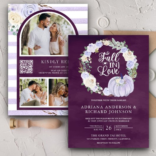 ラベンダーバラカボチャ写真QRコードプラム結婚ズ 招待状