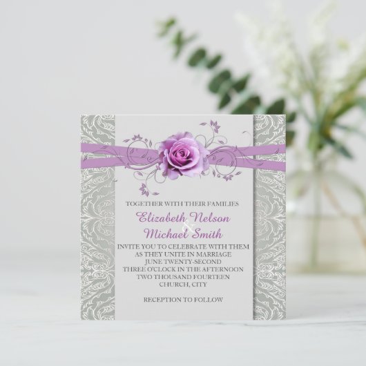 ラベンダーバラグレーシルバーダマスウェディング招待状 招待状 (スタンド正面)