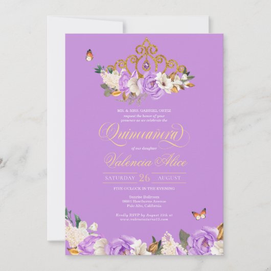 ラベンダーバラ金ゴールドティアラバタフライキンセアニェラ 招待状 (正面)