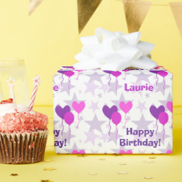 ラベンダーバルーンスターズパーソナライズされた誕生日 ラッピングペーパー