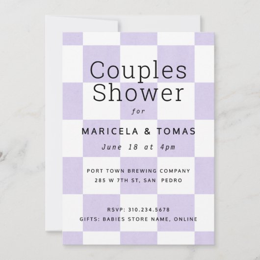ラベンダーパステル市松模様にブライダルシャワー 招待状 (正面)