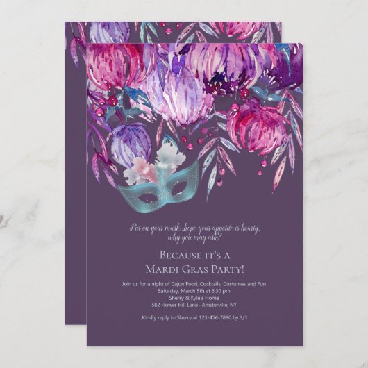 ラベンダーパッションマルディグラスパーティの招待状 招待状 (正面/裏面)