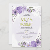 ラベンダーパープルおよび金ゴールド薄紫結婚式招待状 シーズンカード (正面)