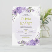 ラベンダーパープルおよび金ゴールド薄紫結婚式招待状 シーズンカード (スタンド正面)