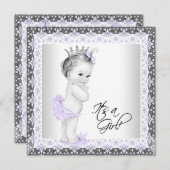 ラベンダーパープルとグレーのヴィンテージベビーガールシャワー 招待状 (正面/裏面)