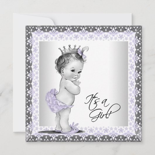 ラベンダーパープルとグレーのヴィンテージベビーガールシャワー 招待状 (正面)