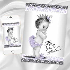 ラベンダーパープルとグレーのヴィンテージベビーガールシャワー 招待状