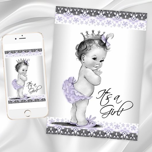 ラベンダーパープルとグレーのヴィンテージベビーガールシャワー 招待状