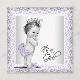 ラベンダーパープルとグレーのヴィンテージ ベビーガールシャワー 招待状