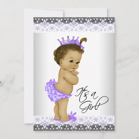 ラベンダーパープルとグレーのヴィンテージ ベビーガールシャワー 招待状 (正面)