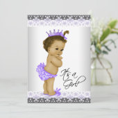 ラベンダーパープルとグレーのヴィンテージ ベビーガールシャワー 招待状 (スタンド正面)