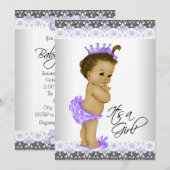 ラベンダーパープルとグレーのヴィンテージ ベビーガールシャワー 招待状 (正面/裏面)