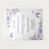 ラベンダーパープルの花のキンセアニエラとウェディングの歓迎 タペストリー (正面(横))