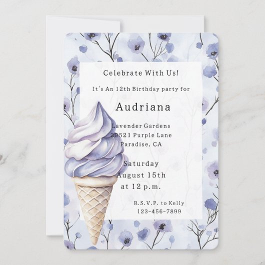 ラベンダーパープルアイスクリームフローラ誕生日 招待状 (正面)