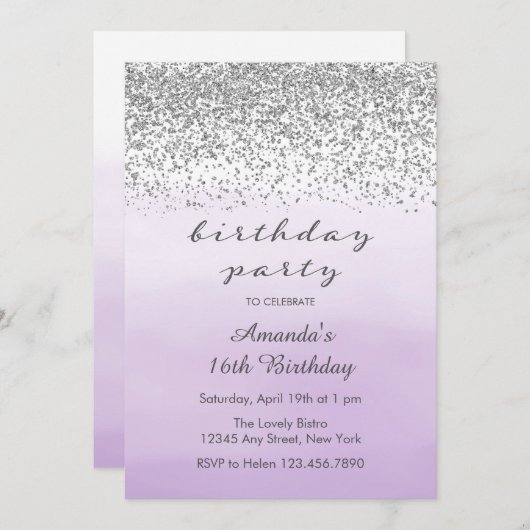 ラベンダーパープルアンドシルバー誕生日招待状 招待状 (正面/裏面)