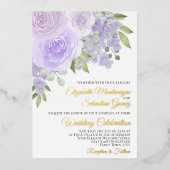 ラベンダーパープルウォーターカラーフローラエレガントな結婚式 箔招待状 (正面)