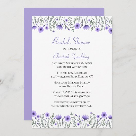 ラベンダーパープルウォーターカラーフローラブライダルシャワー 招待状 (正面/裏面)