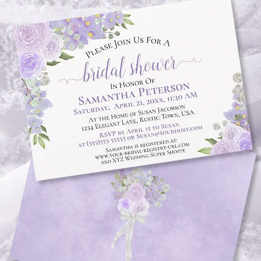 ラベンダーパープルウォーターカラーフローラブライダルシャワー 招待状