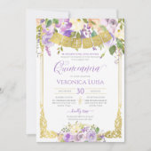 ラベンダーパープルウォーターカラーフローラ金ゴールドキンセアニェラ 招待状 (正面)