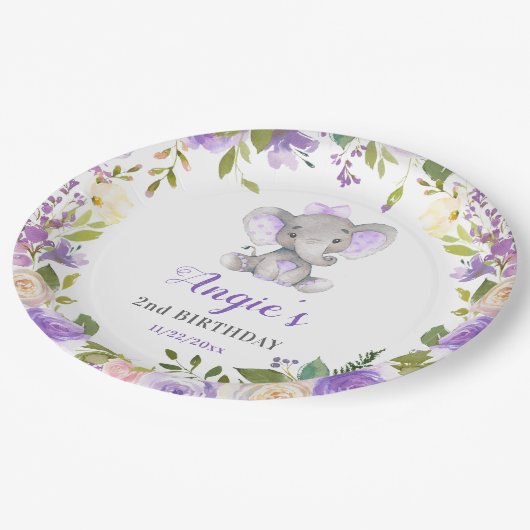 ラベンダーパープルガールエレファントバースデーパーティーテーブル ペーパープレート (アングル)