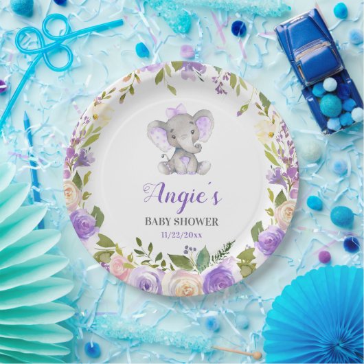 ラベンダーパープルガールエレファントベビーシャワーテーブル ペーパープレート (パーティー)