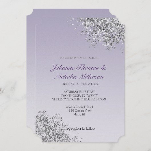 ラベンダーパープルグラデーションシルバーグリッタースパークル 招待状 (正面/裏面)