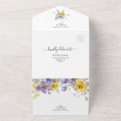 ラベンダーパープルゴールデンイエローフローラ結婚式RSVP オールインワン招待状 (外側)