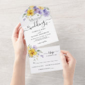 ラベンダーパープルゴールデンイエローフローラ結婚式RSVP オールインワン招待状 (貼ってはがせる)