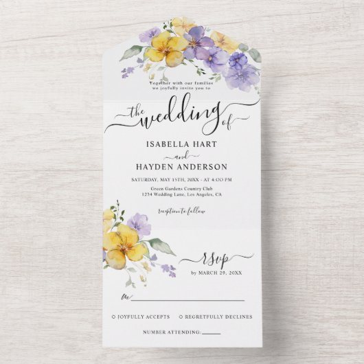ラベンダーパープルゴールデンイエローフローラ結婚式RSVP オールインワン招待状 (内側)