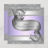 ラベンダーパープルシルバークロスガールズファースト聖餐式 招待状 (正面/裏面)