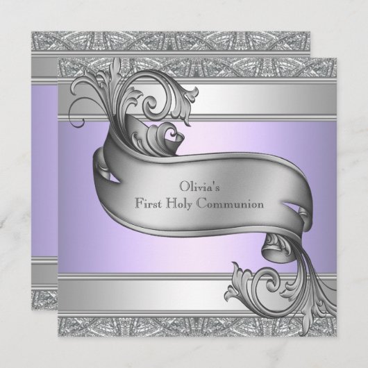 ラベンダーパープルシルバークロスガールズファースト聖餐式 招待状 (正面/裏面)