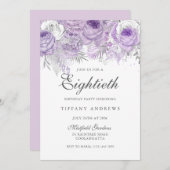 ラベンダーパープルシルバーフラワー80th誕生日パーティー 招待状 (正面/裏面)