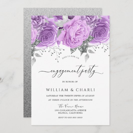 ラベンダーパープルシルバーフローラ婚約パーティ 招待状 (正面/裏面)