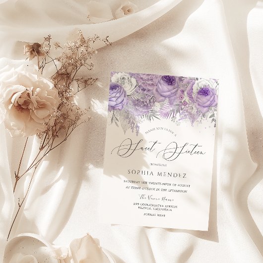 ラベンダーパープルスパークルフローラスウィート16パーティー 招待状