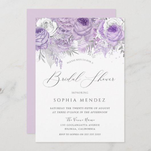 ラベンダーパープルスパークルフローラブライダルシャワーInvite 招待状 (正面/裏面)