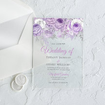 ラベンダーパープルスパークルフローラ結婚式の招待