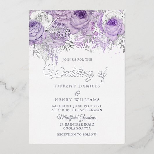 ラベンダーパープルスパークル結婚フローラズシルバー 箔招待状 (正面)