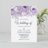 ラベンダーパープルスパークル結婚フローラズシルバー 箔招待状 (立ち正面)