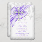ラベンダーパープルダマスククロスファースト聖餐式 招待状 (正面/裏面)